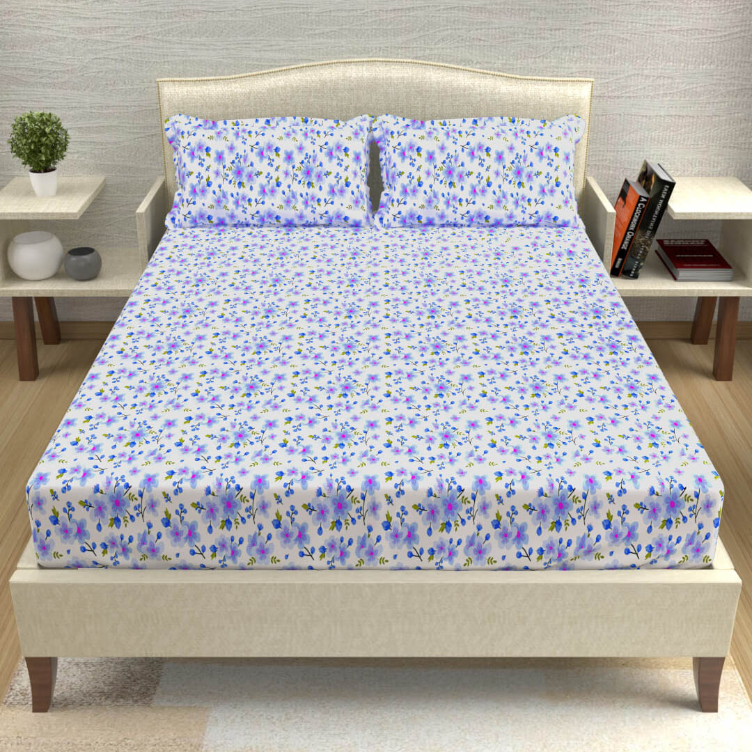 buy purple and blue delicate floral cotton double bed bedsheets online – side view